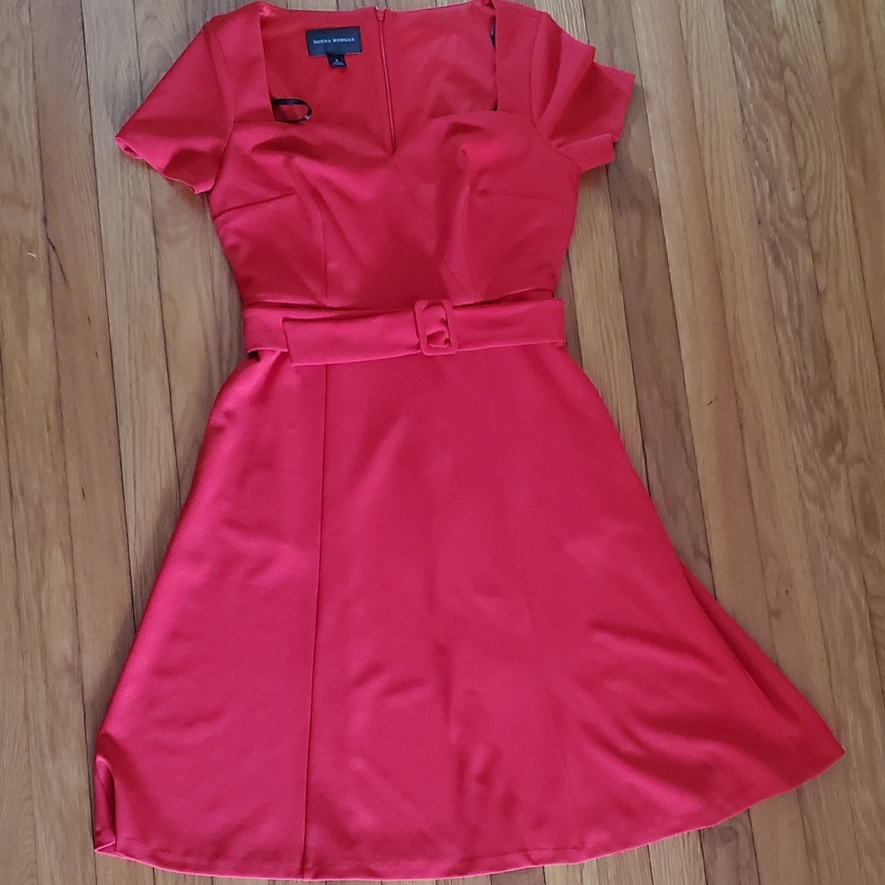Red retro fit and flare dress with belt
